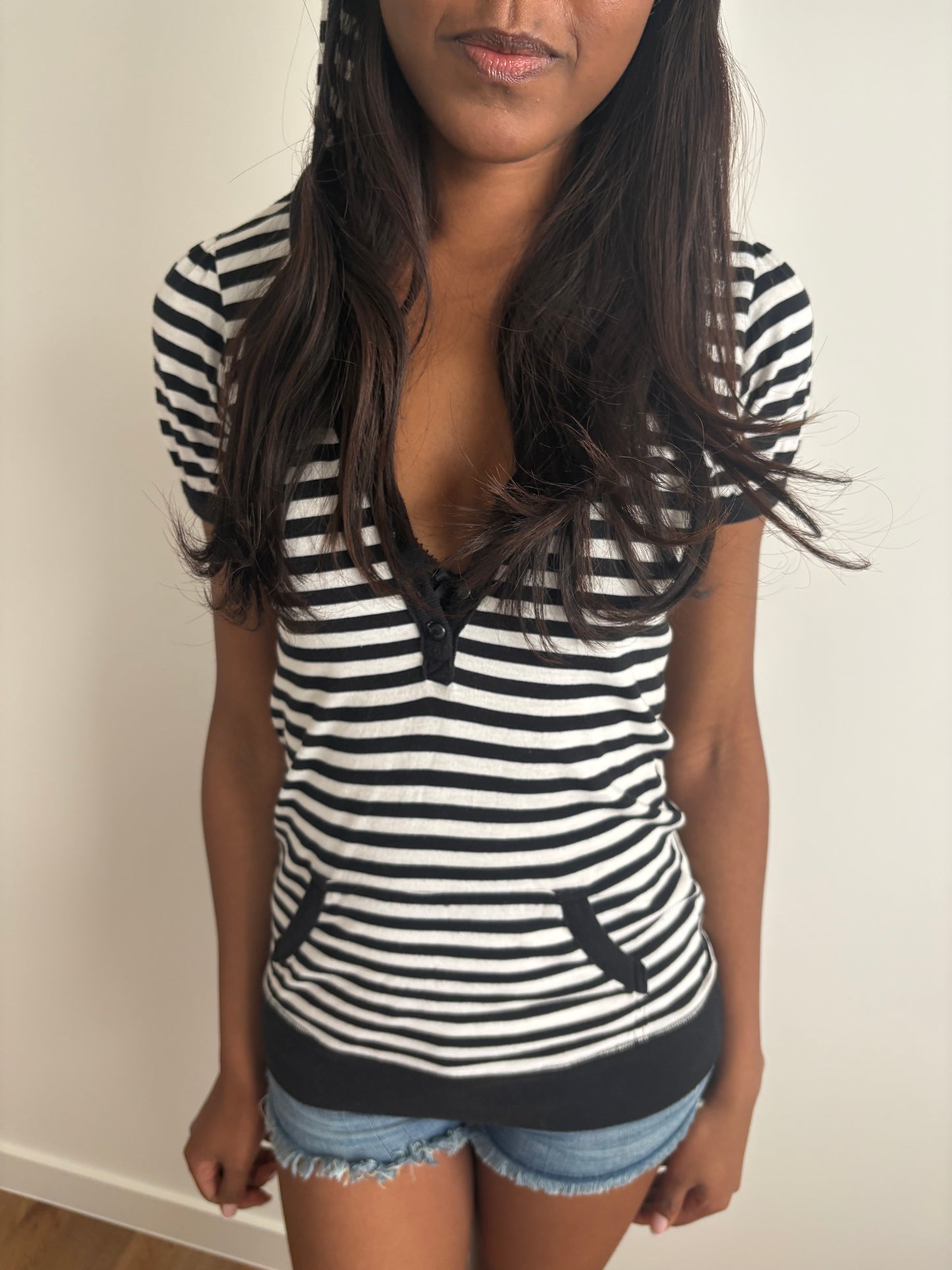 black and white striped hooded henley