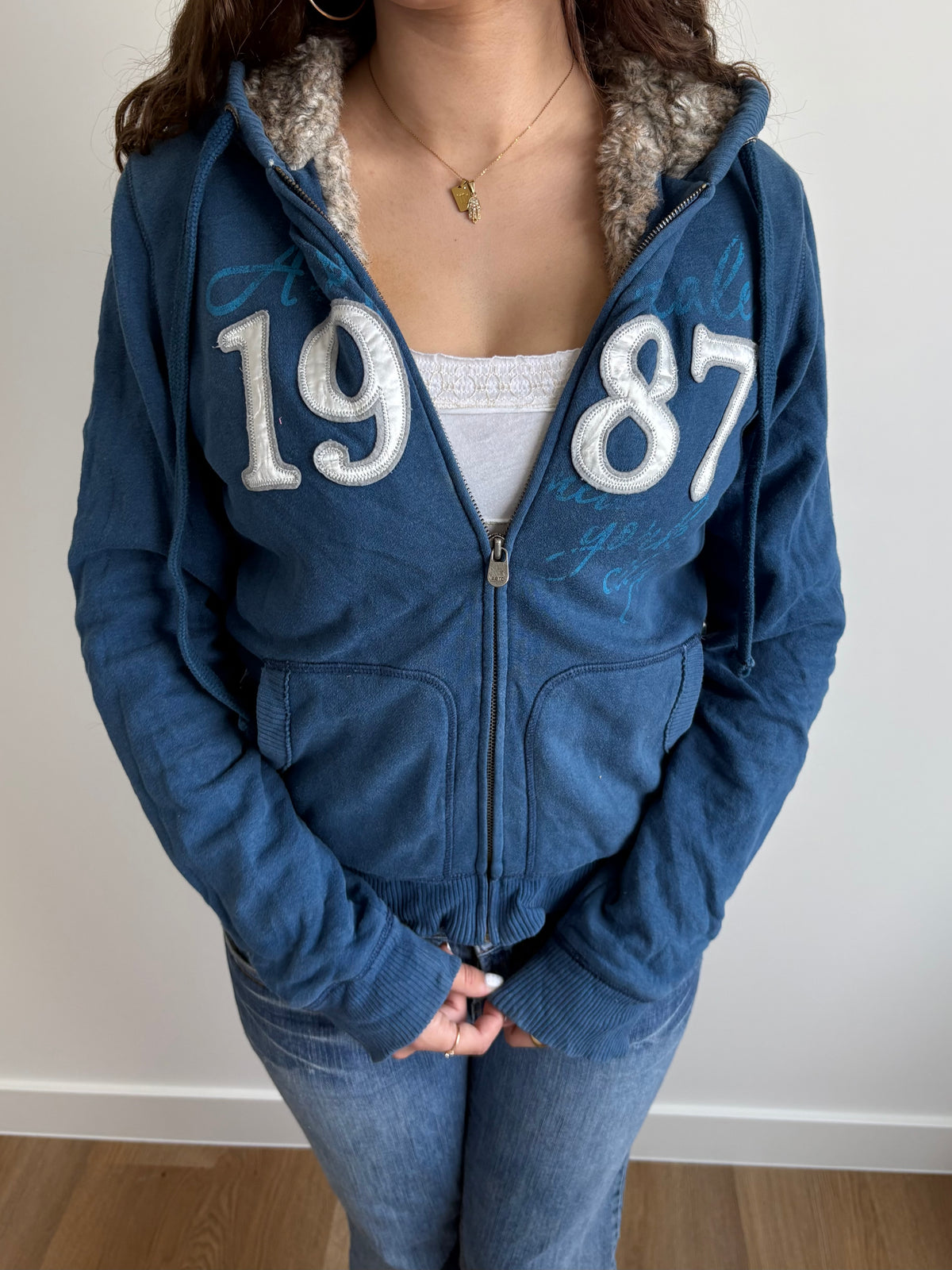 blue fur aeropostale hooded zip-up jacket