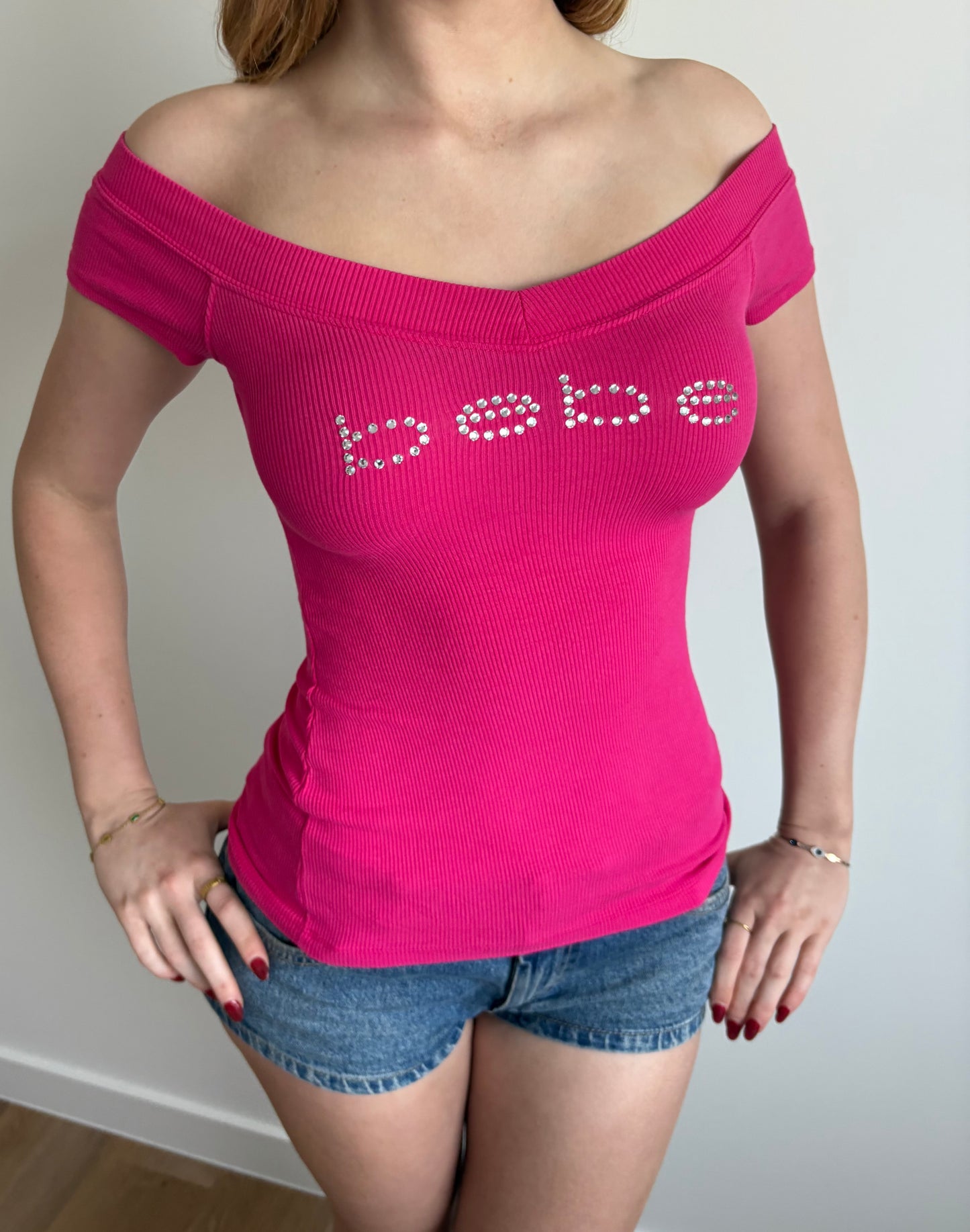 hot pink bebe off-the-shoulder top