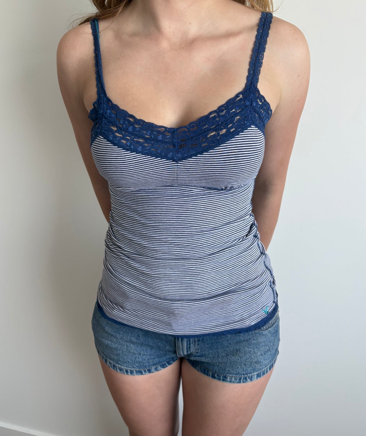white & navy striped american eagle lace tank