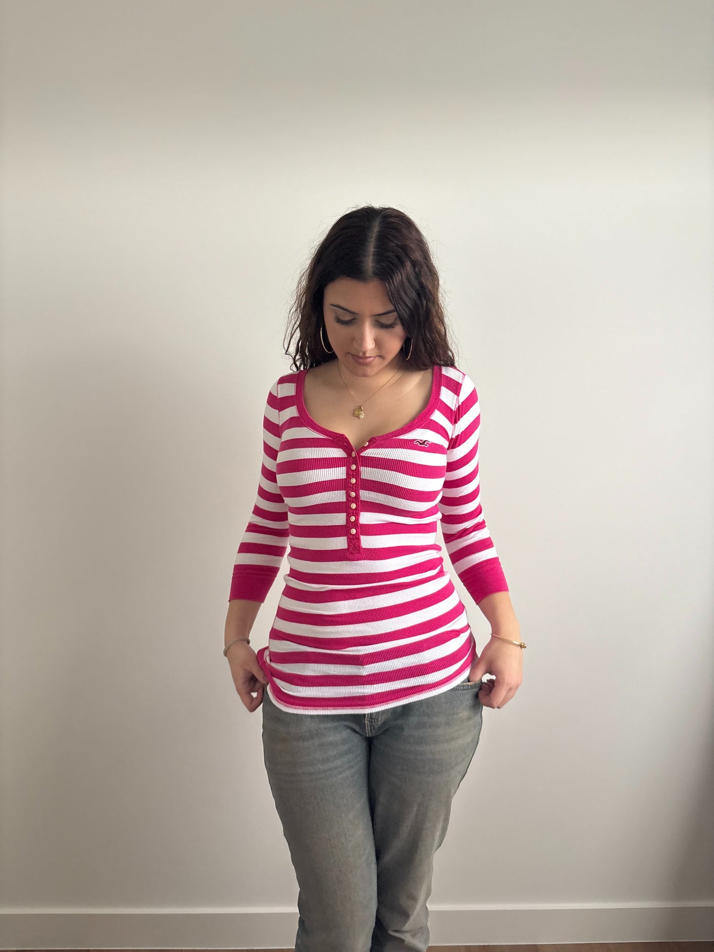 pink & white striped hollister henley top