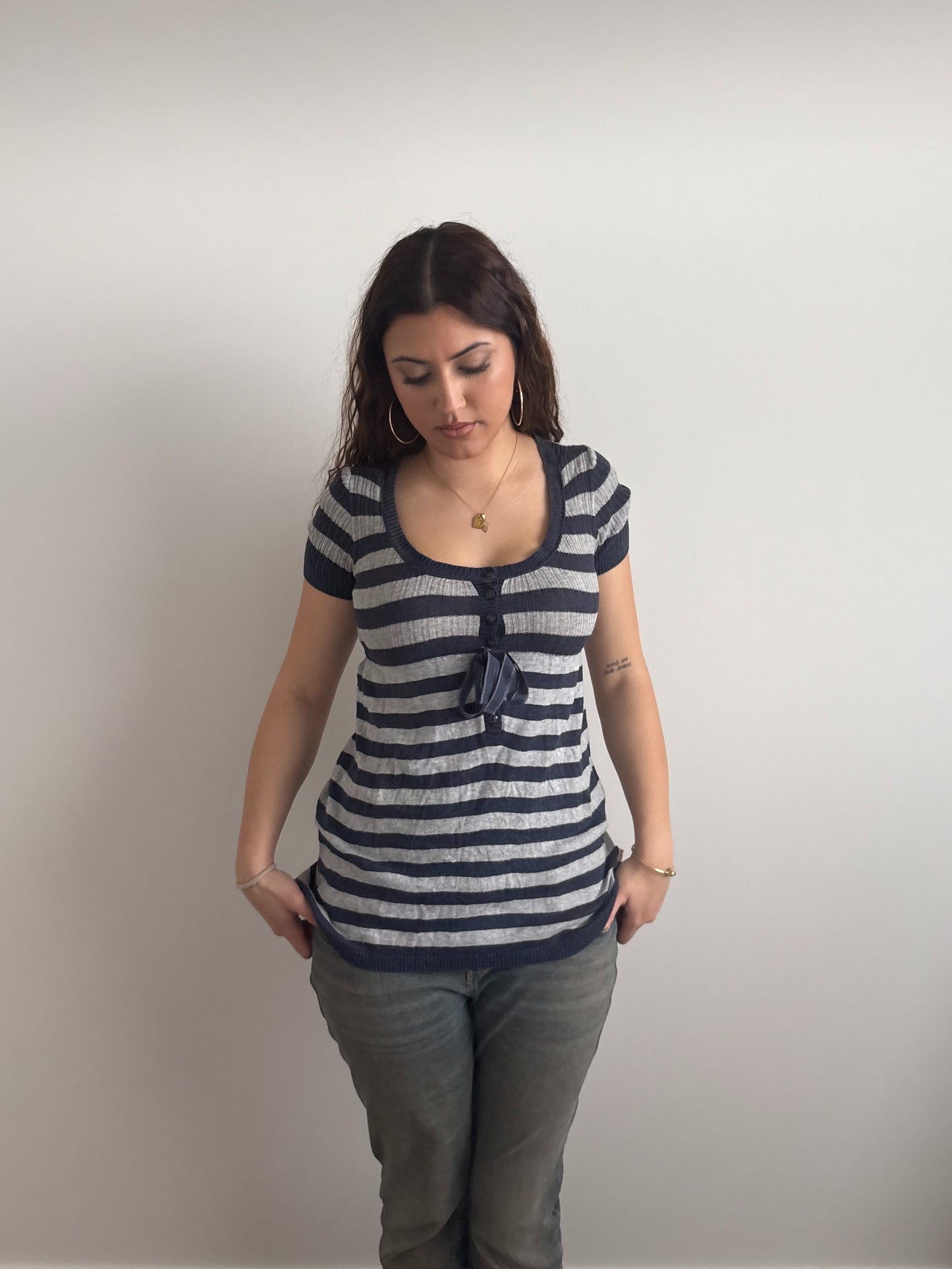 striped babydoll navy & grey top