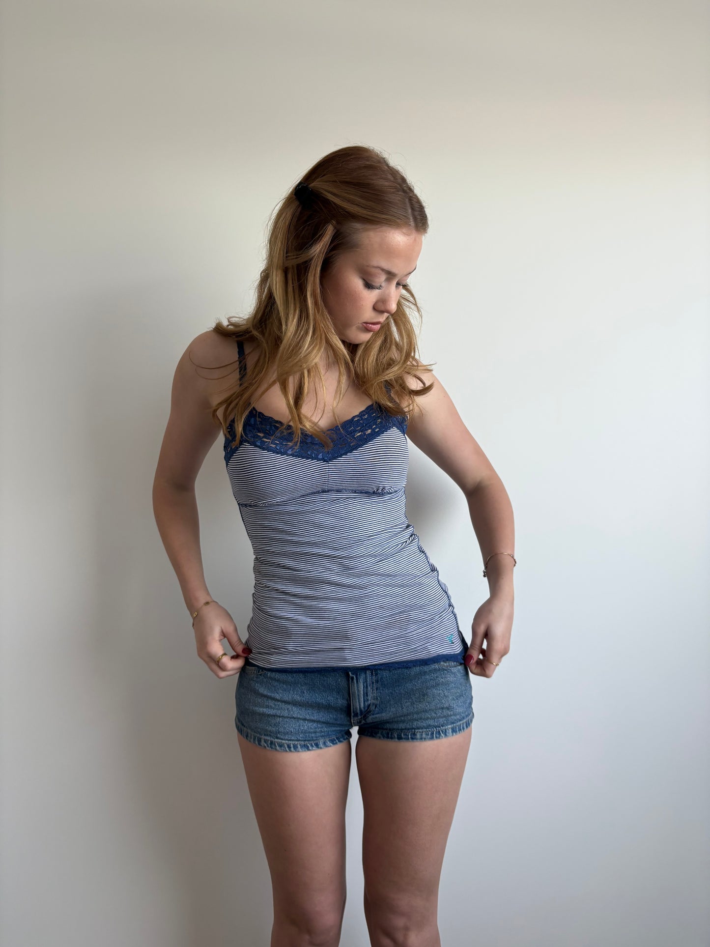 white & navy striped american eagle lace tank