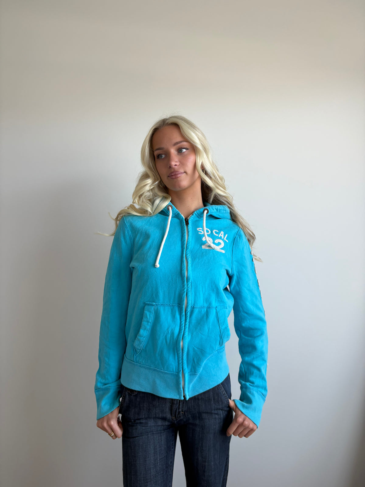 blue hollister hooded zip-up jacket