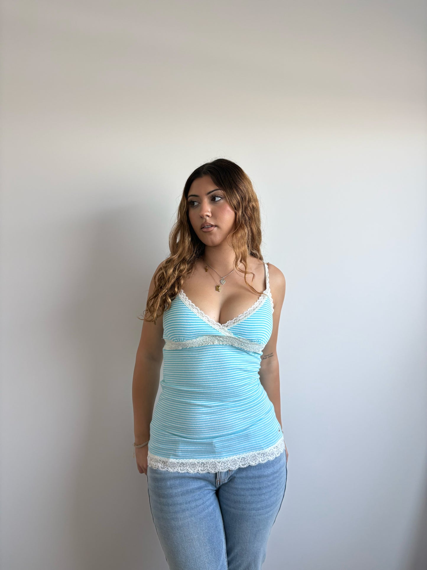 blue striped hollister lace tank