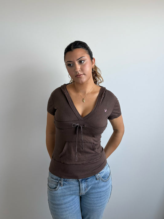 brown american eagle v-neck hooded tee