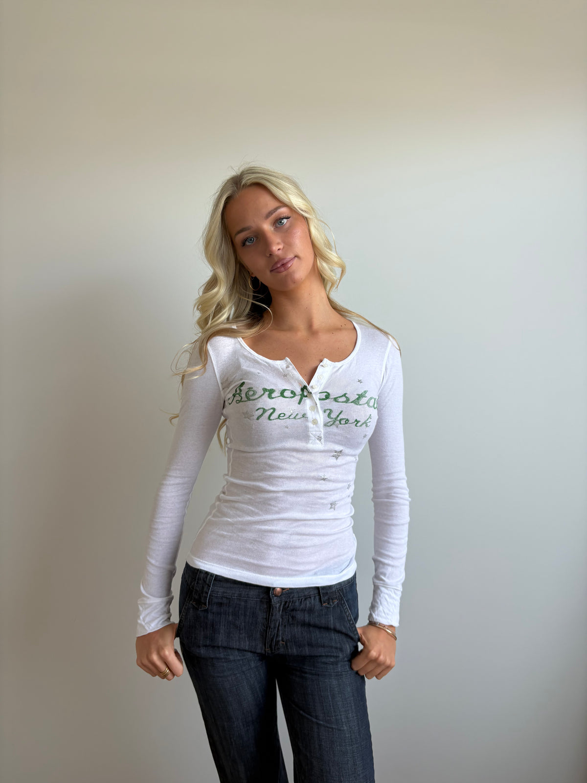 white aeropostale henley long-sleeve