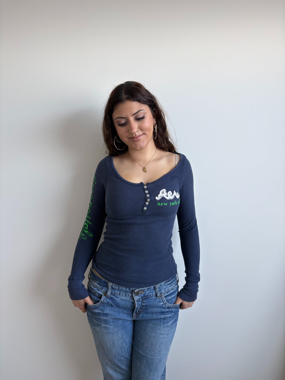 waffle-knit navy aeropostale henley long-sleeve
