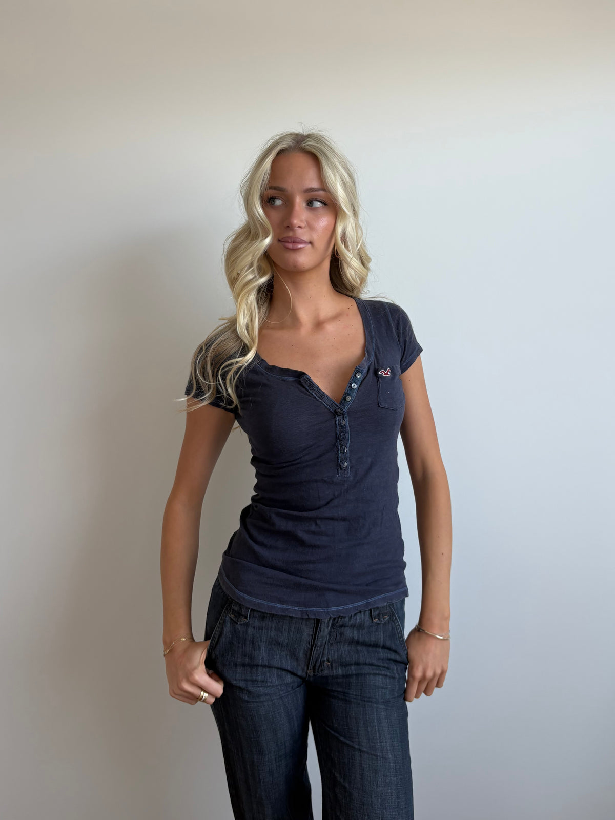 navy loose hollister henley tee