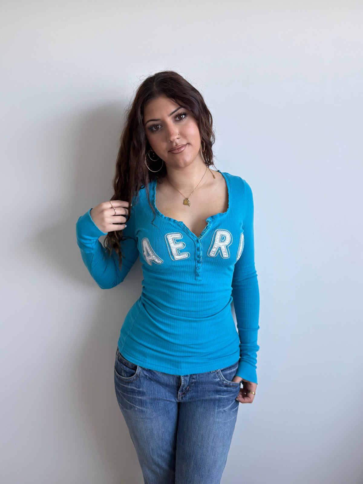 sky blue aeropostale henley long sleeve