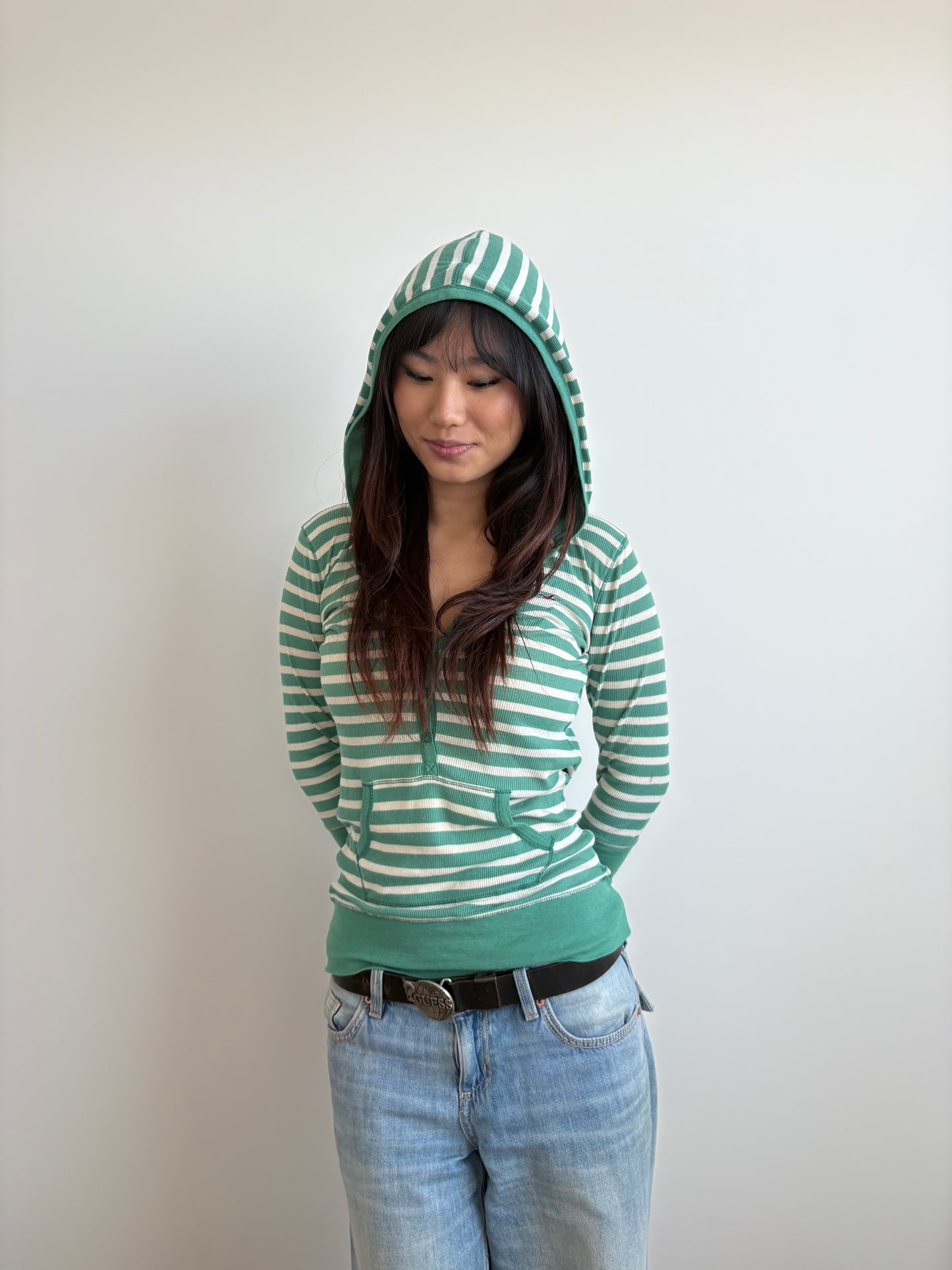 striped hooded 3/4 sleeve hollister henley