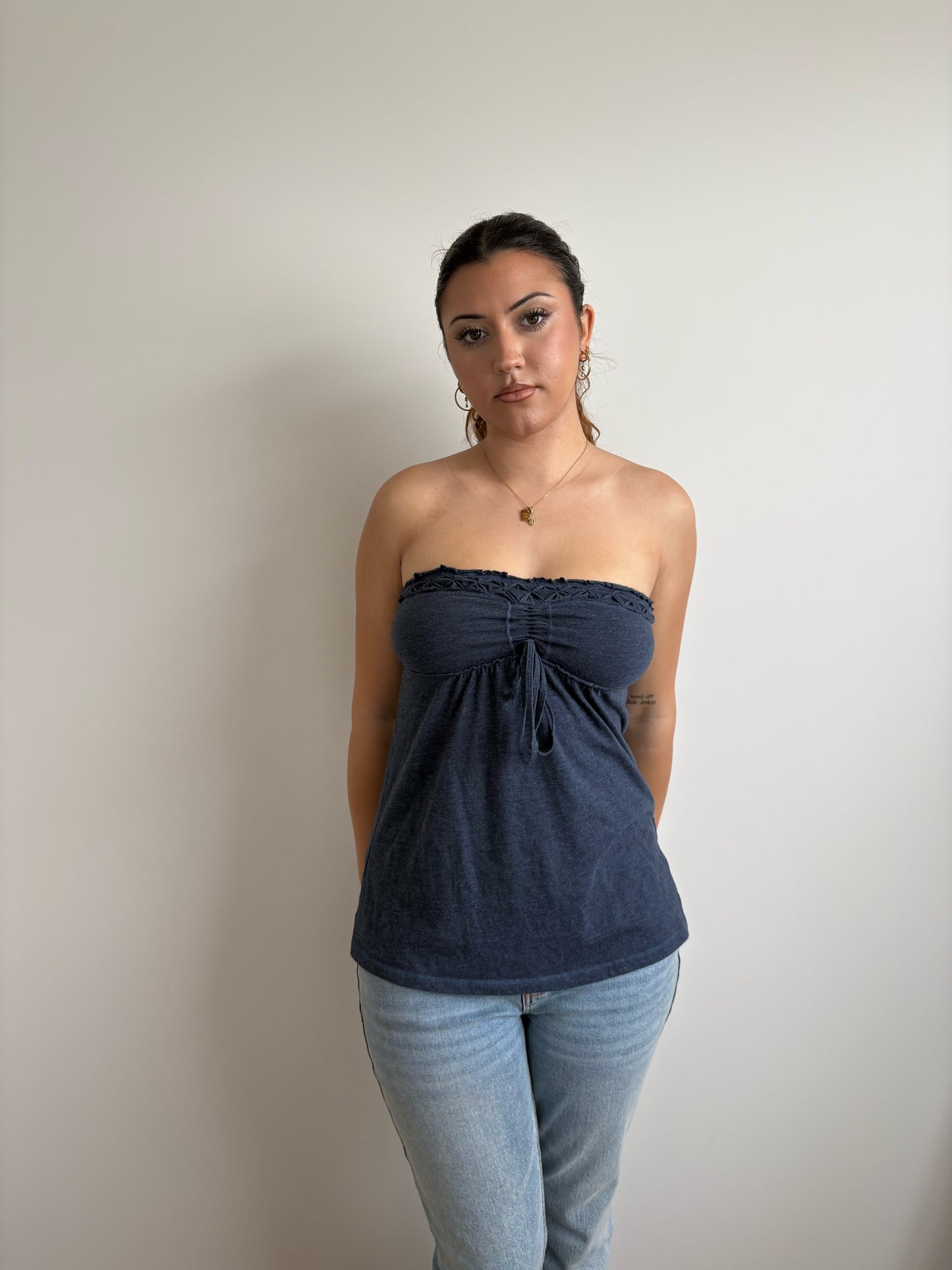 navy strapless hollister top