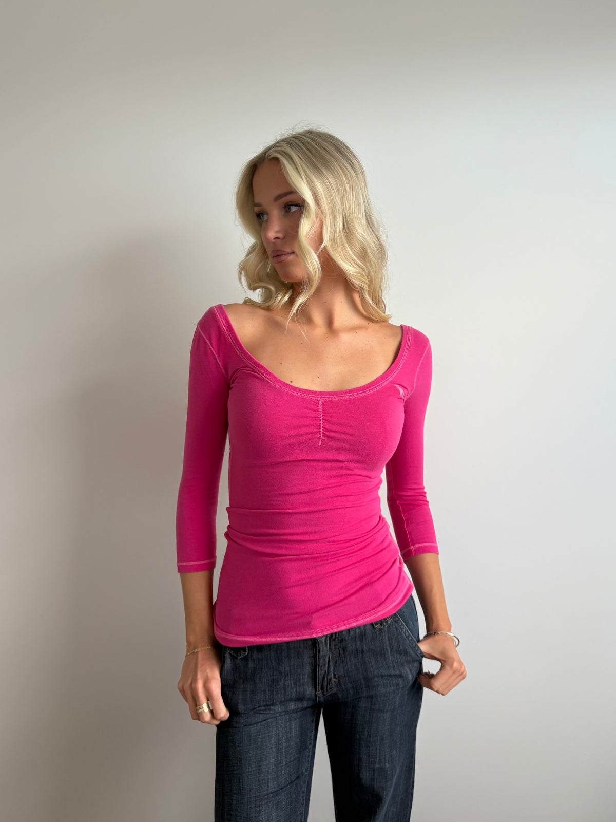 hot pink abercrombie & fitch off-the-shoulder top