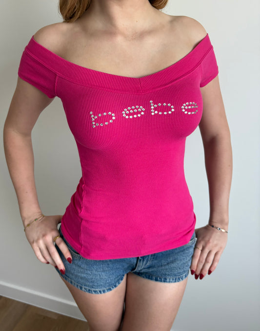 hot pink bebe off-the-shoulder top