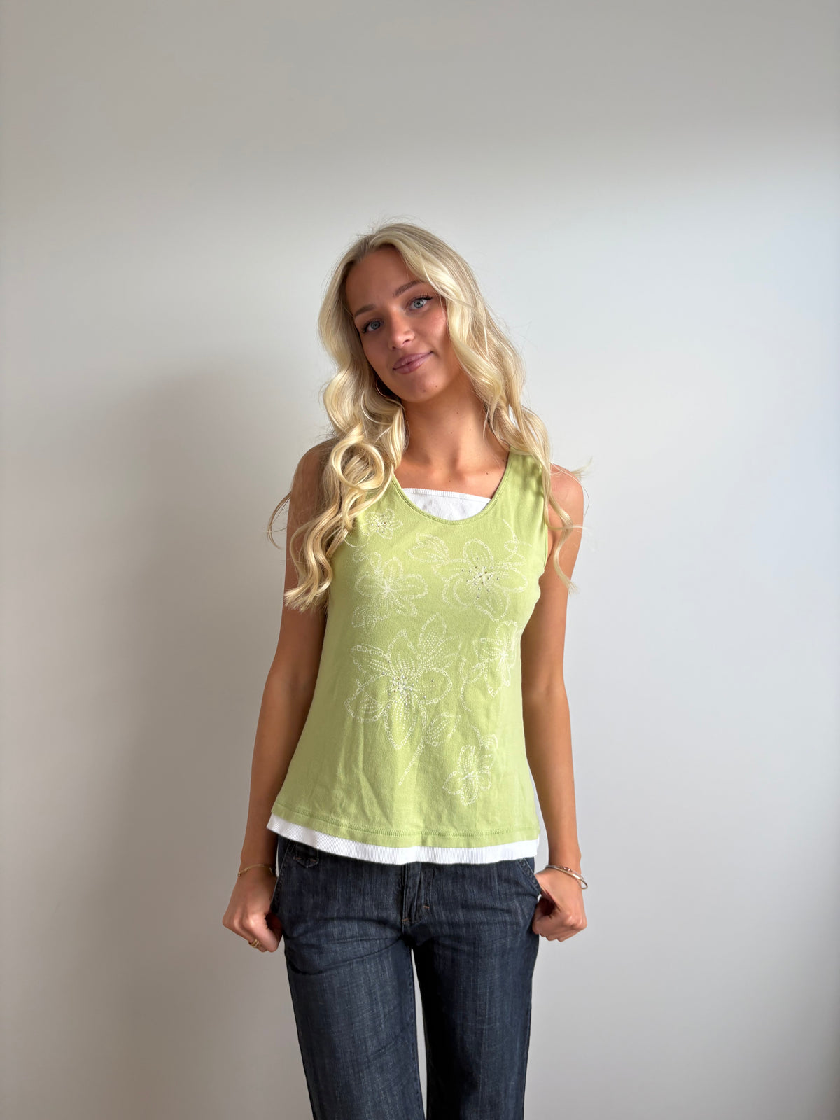 y2k green floral sleeveless top