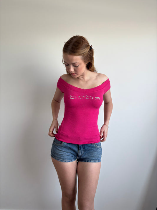 hot pink bebe off-the-shoulder top