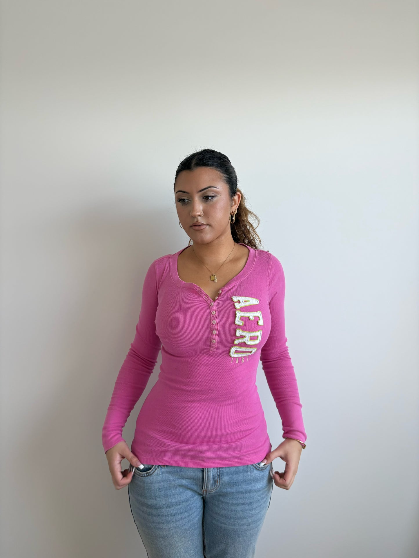 ribbed aeropostale pink long-sleeve henley