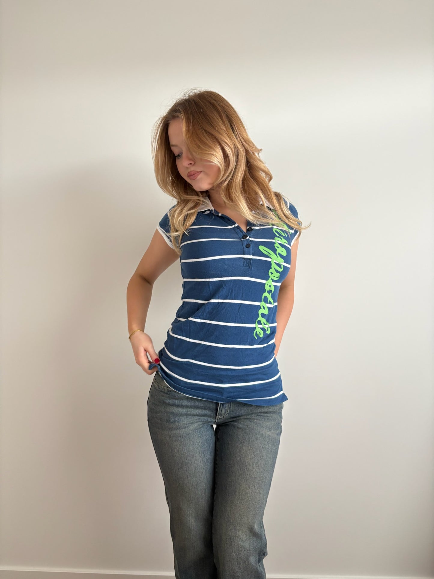 striped blue and white polo