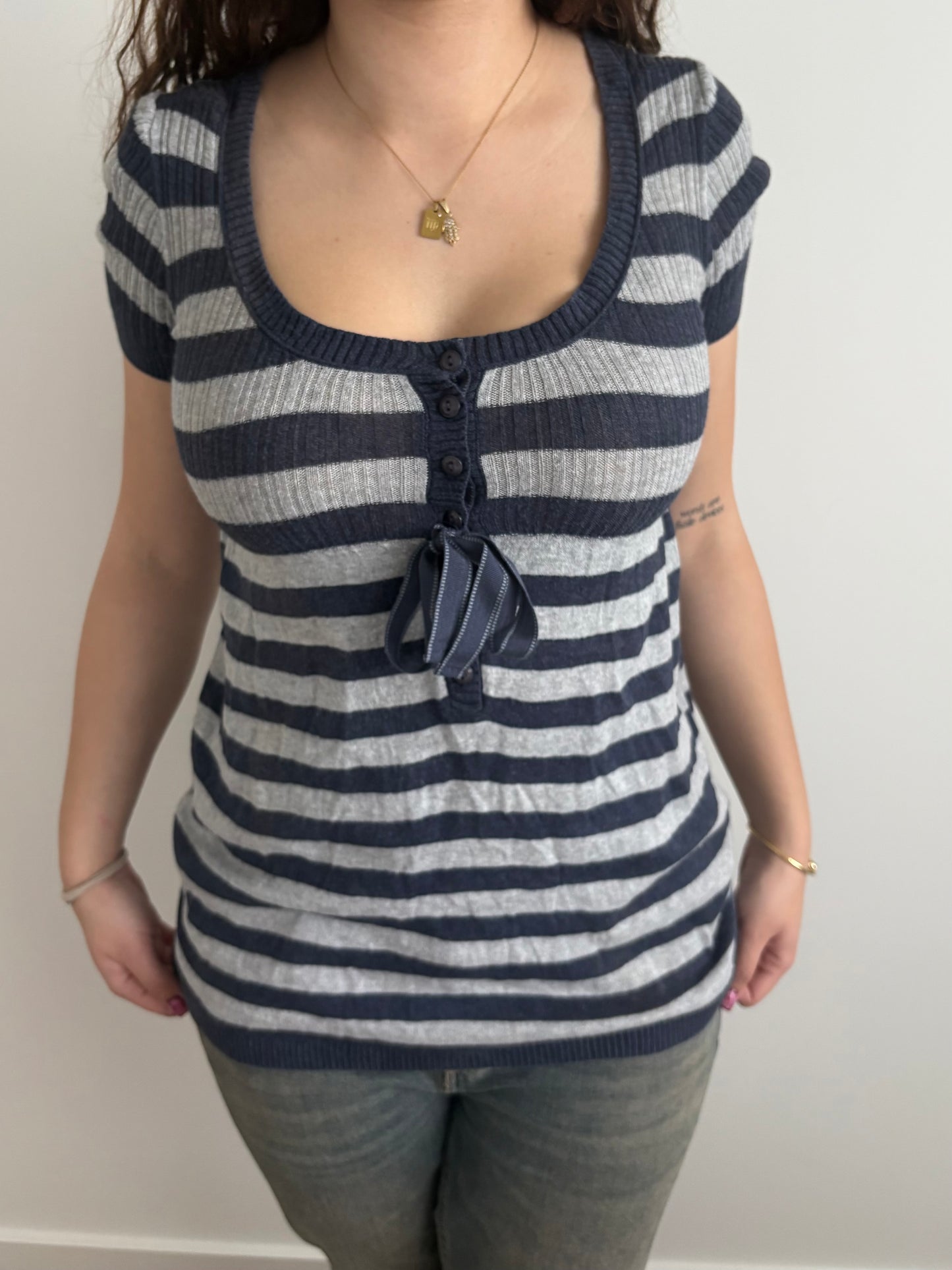 striped babydoll navy & grey top