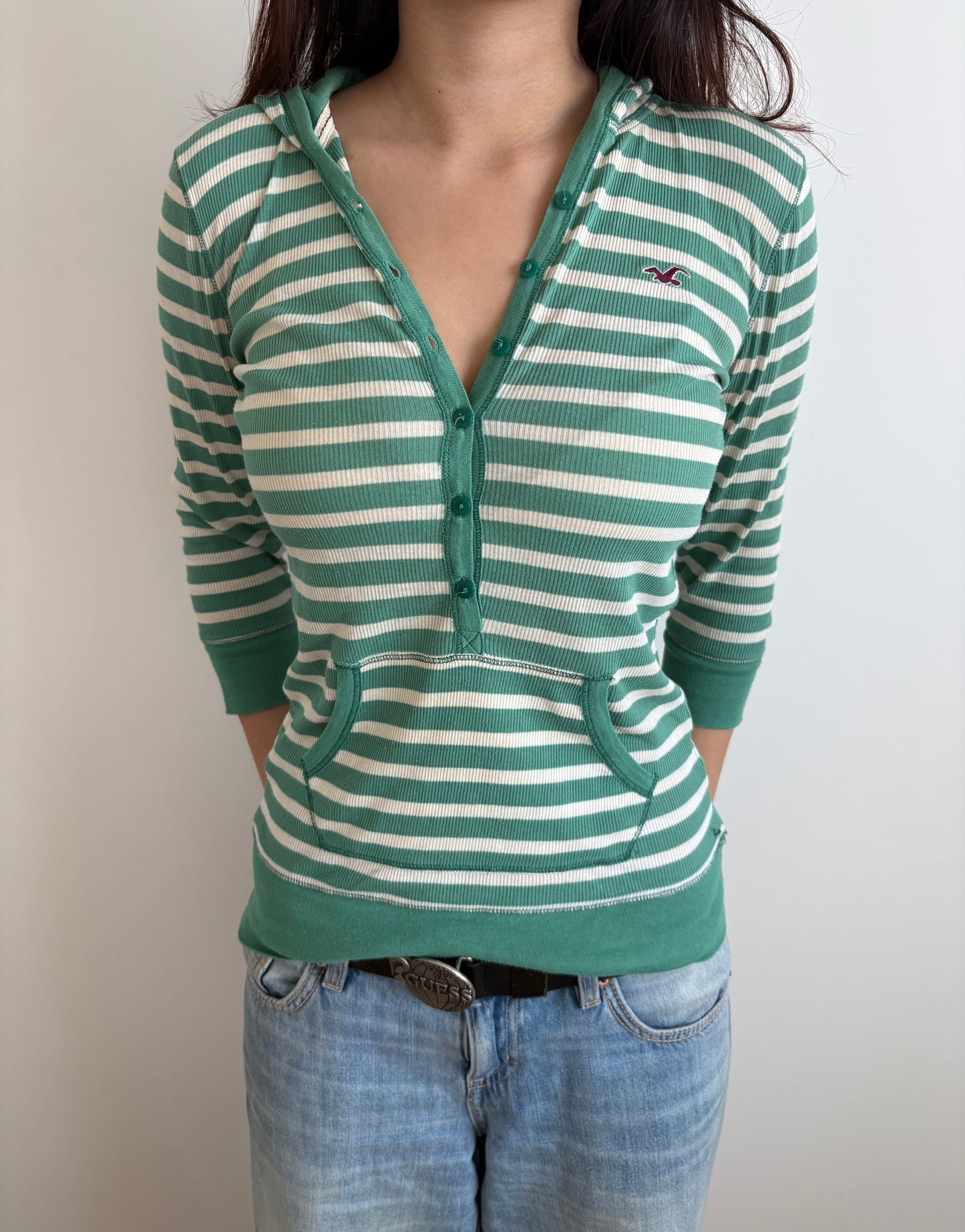 striped hooded 3/4 sleeve hollister henley