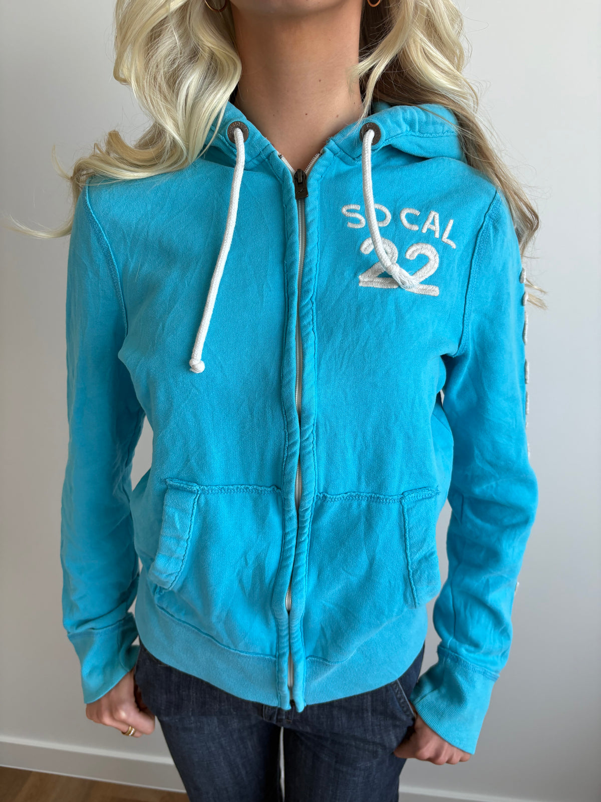 blue hollister hooded zip-up jacket
