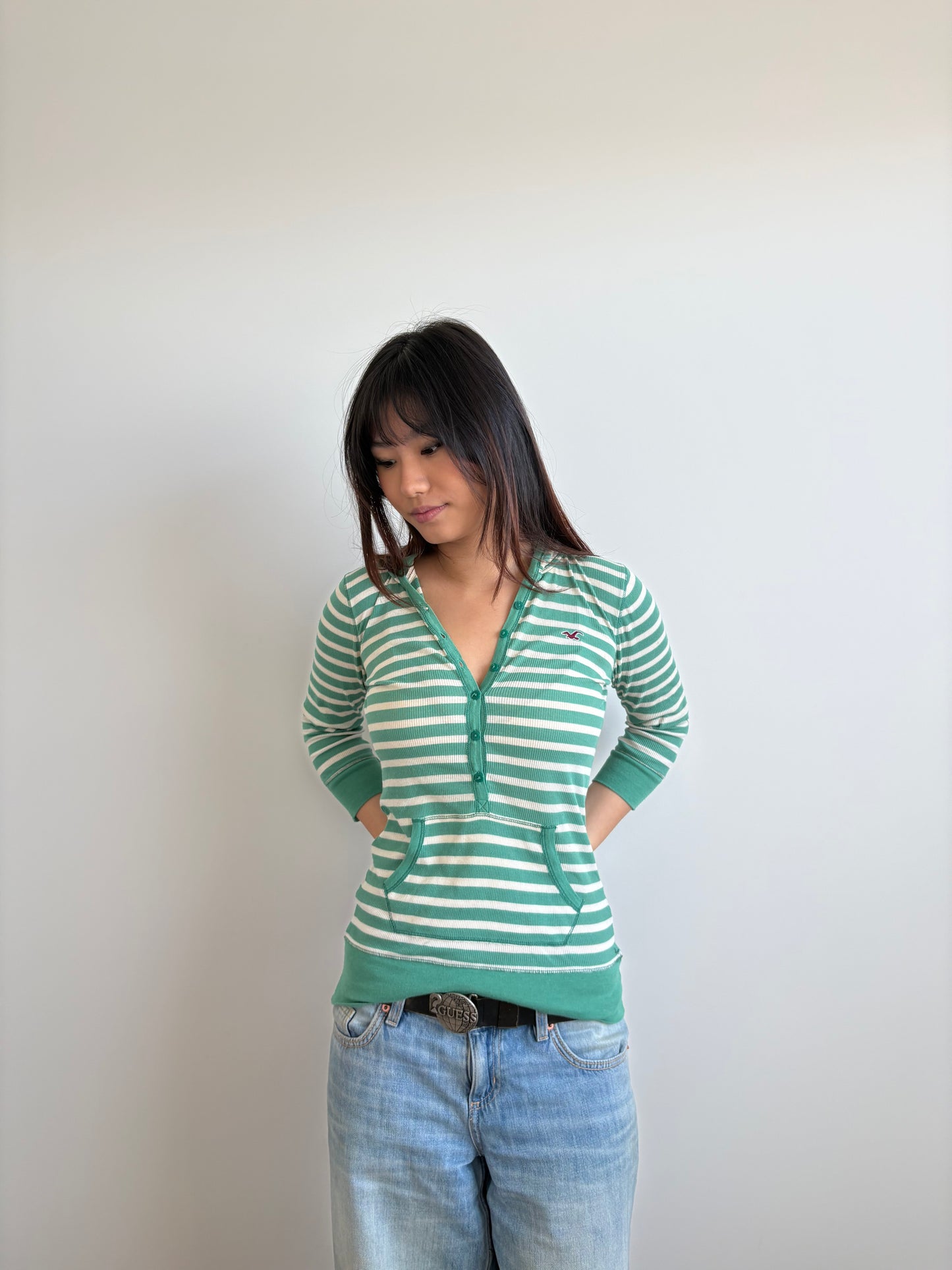 striped hooded 3/4 sleeve hollister henley
