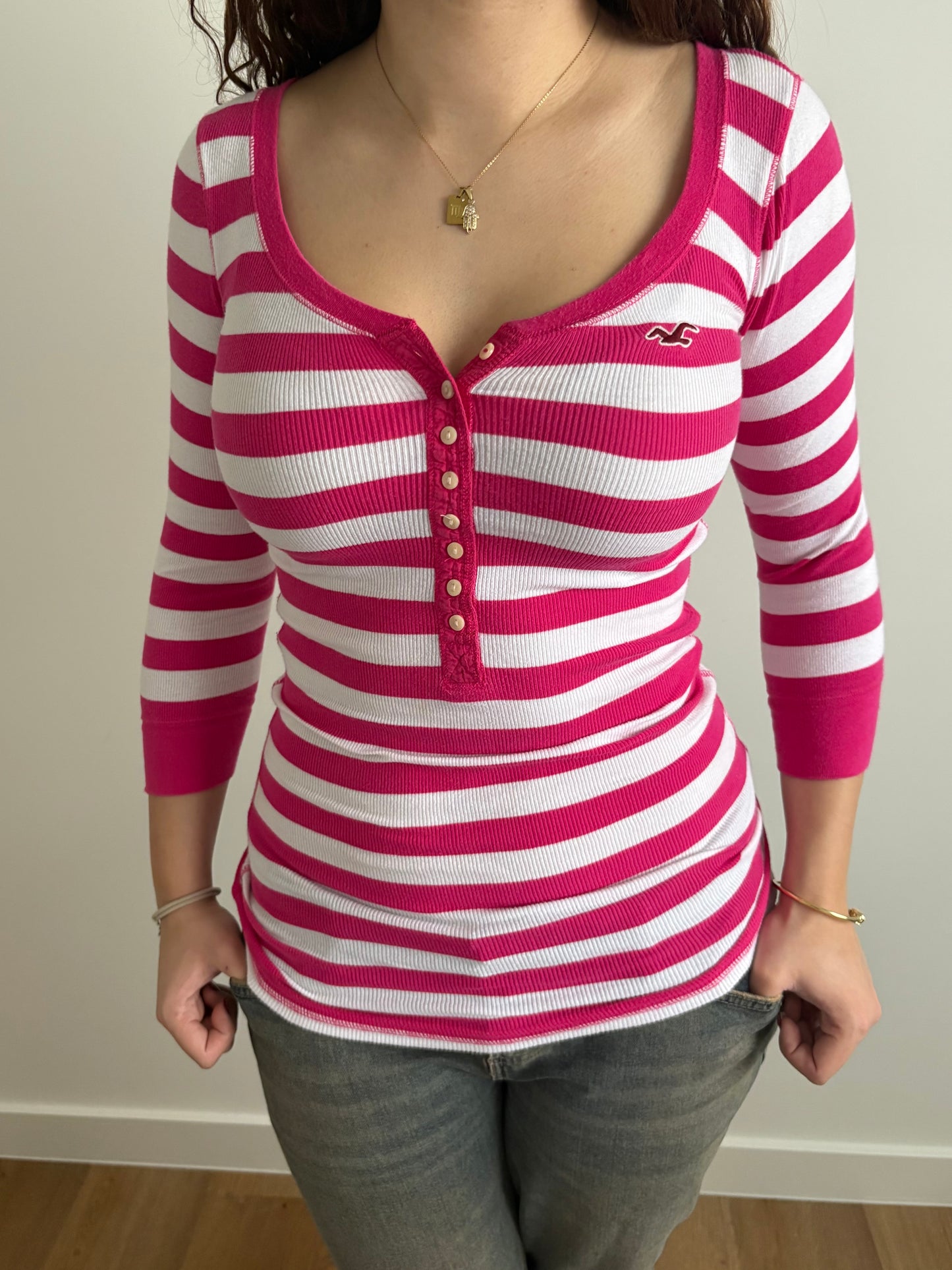 pink & white striped hollister henley top