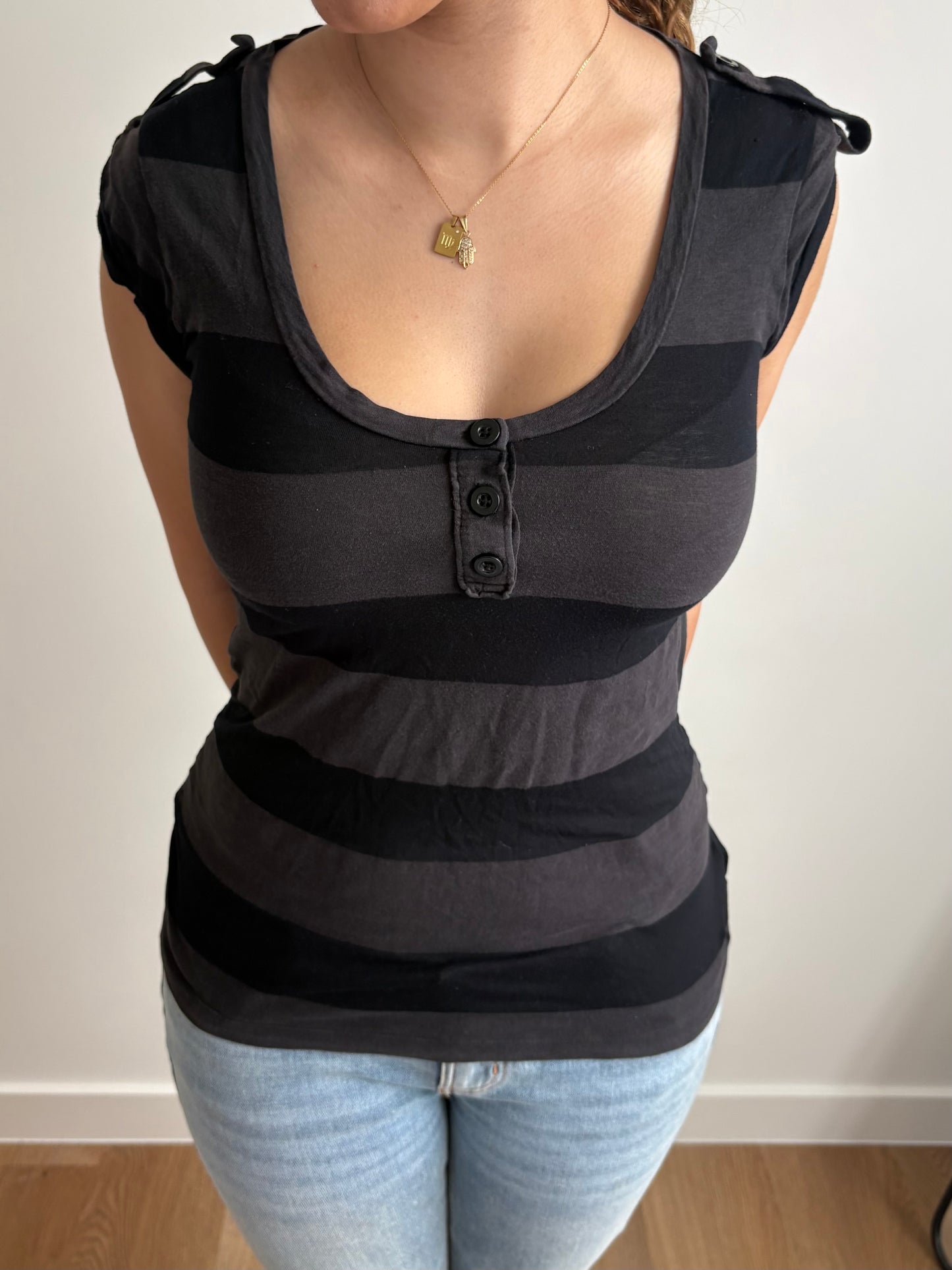 black and grey striped american eagle tee