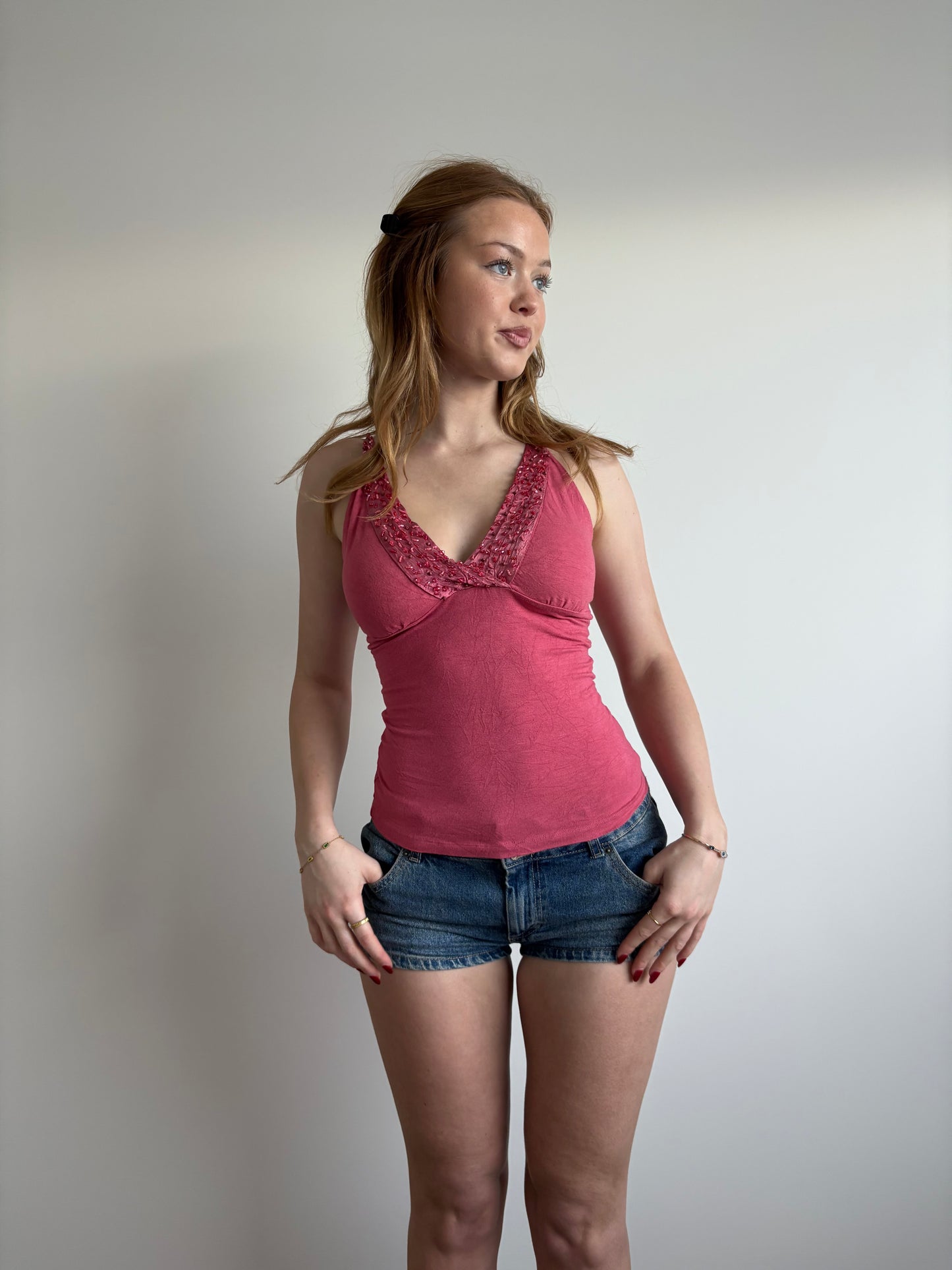 bebe bedazzled pink top