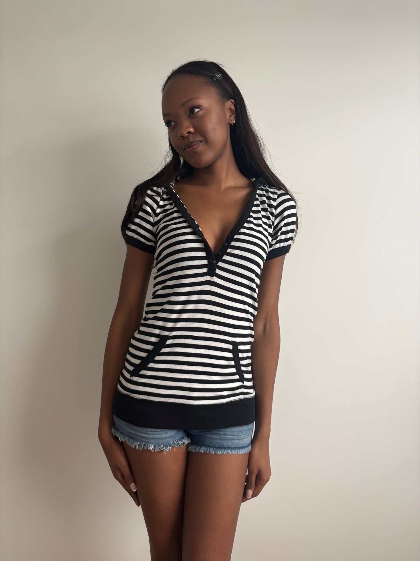 black and white striped hooded henley