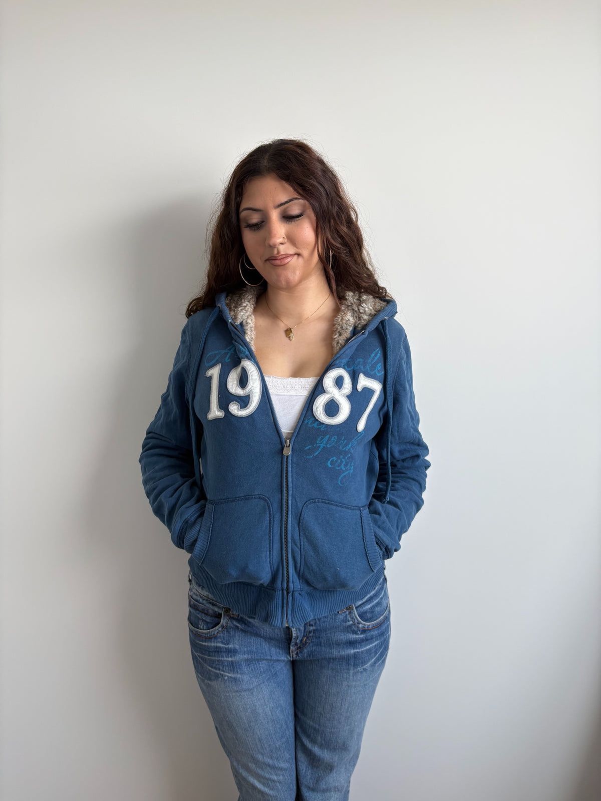 blue fur aeropostale hooded zip-up jacket