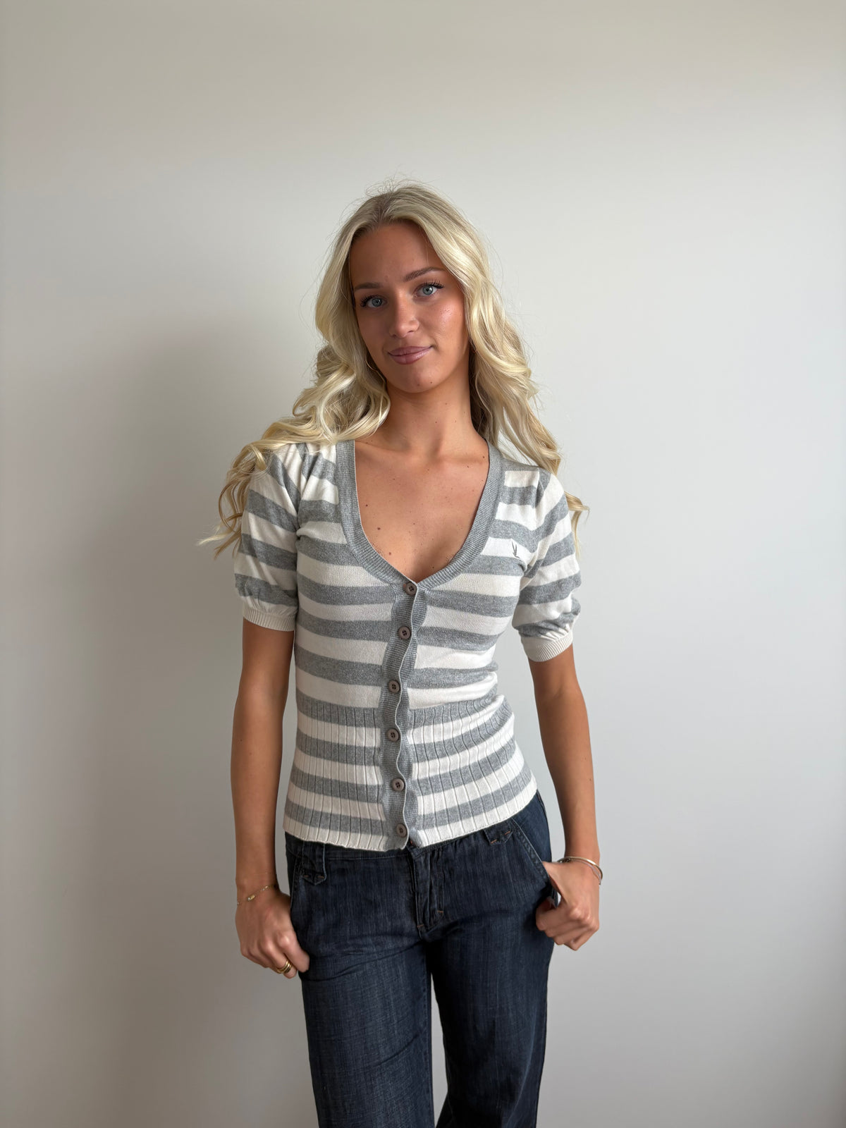 striped grey & cream button-up top