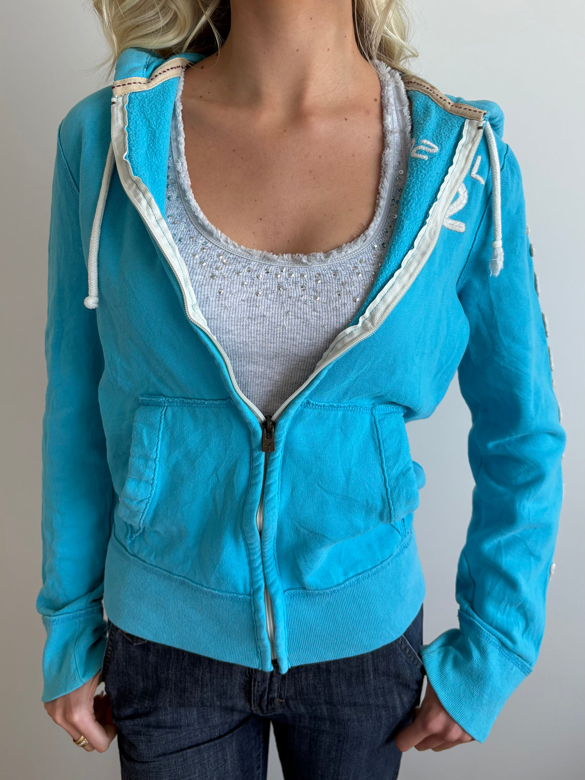 blue hollister hooded zip-up jacket