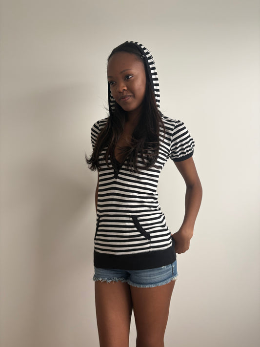 black and white striped hooded henley
