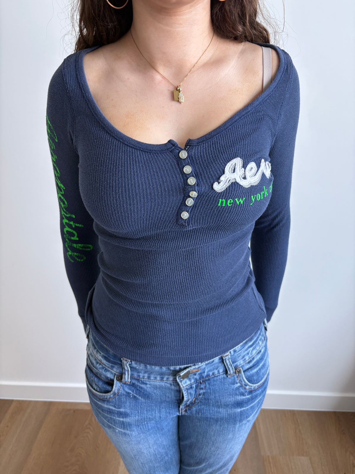 waffle-knit navy aeropostale henley long-sleeve