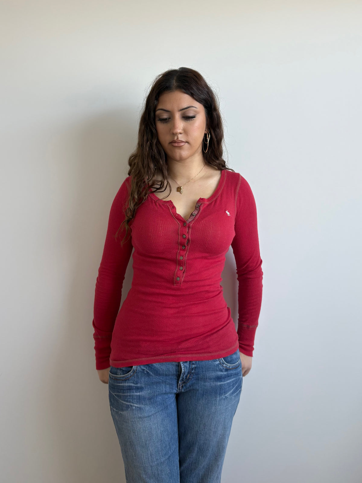 red abercrombie & fitch henley long-sleeve