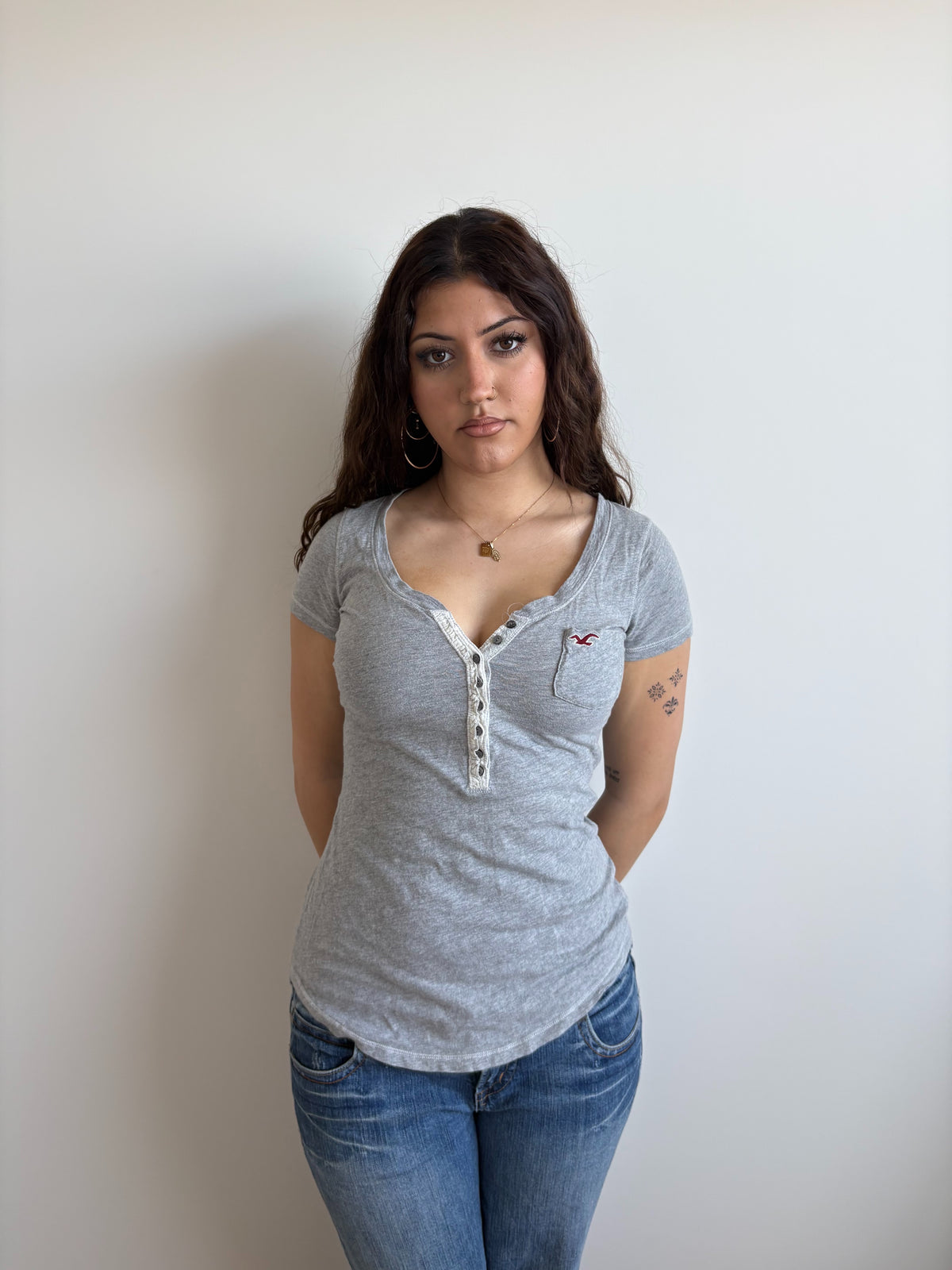 grey hollister loose henley tee