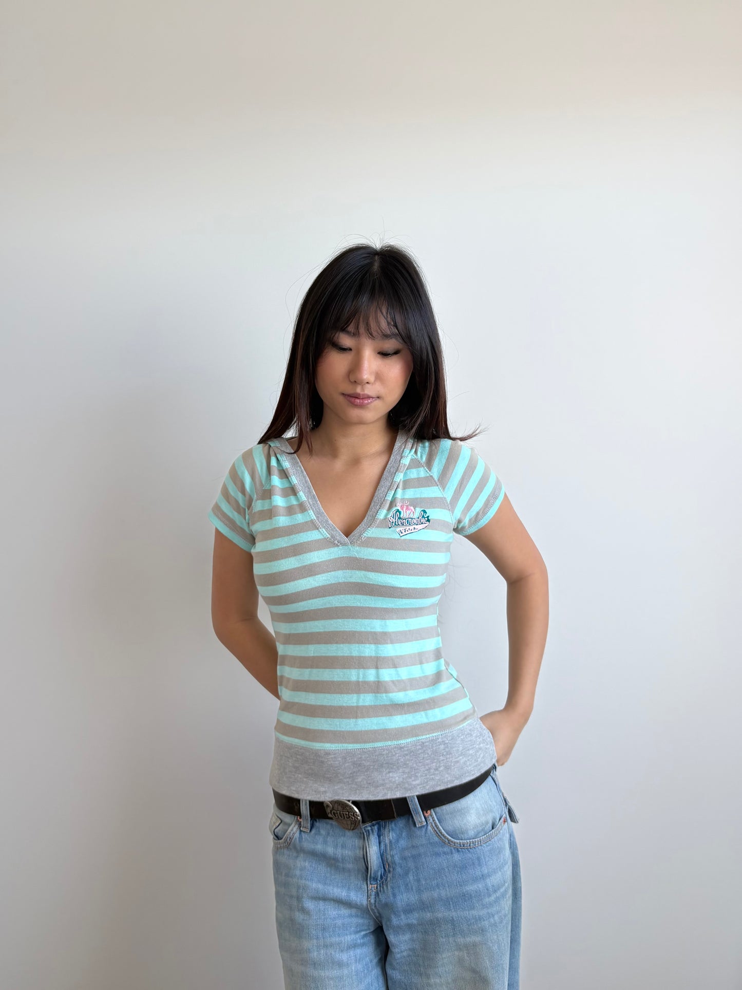 teal & grey striped hooded abercrombie henley