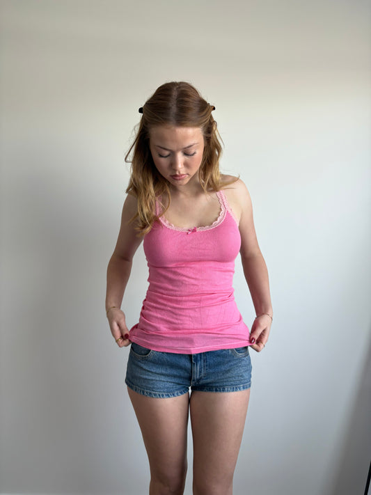 pink hollister ribbed lace tank with bow