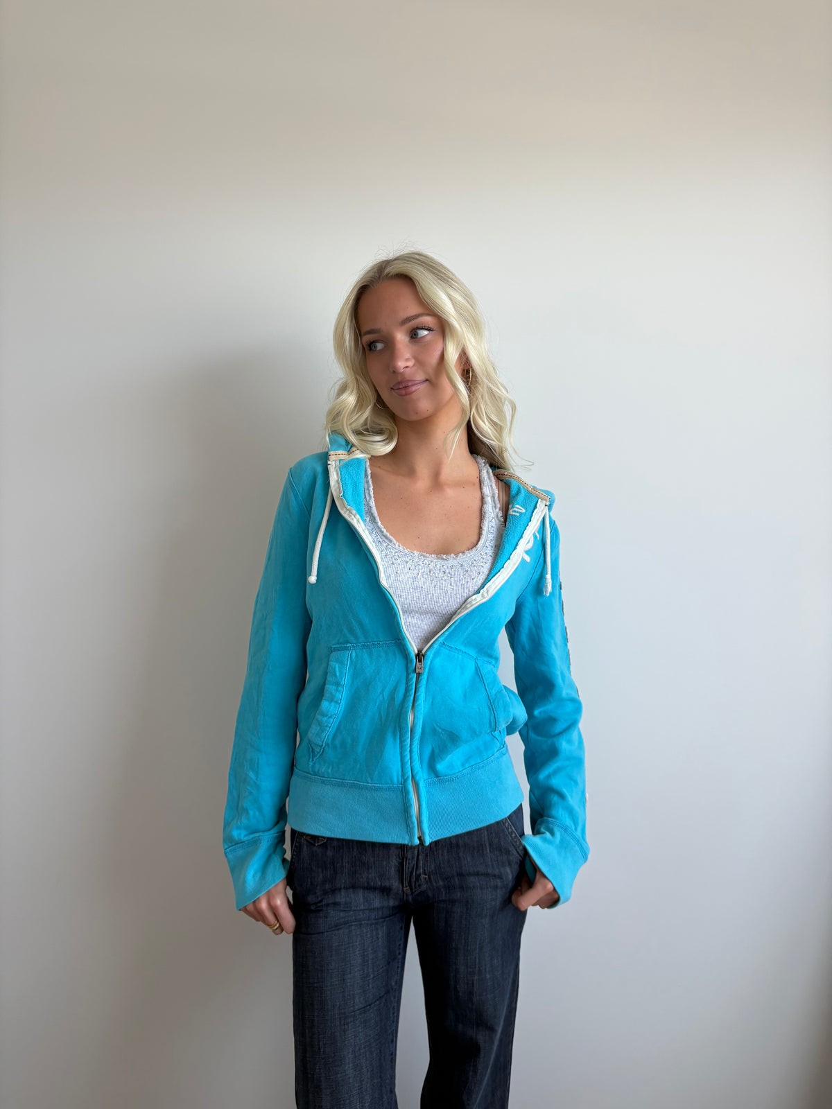 blue hollister hooded zip-up jacket